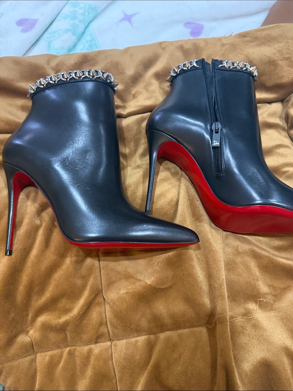 Christian Louboutin Black Leather Ankle Boots with Red Soles and Studded Trim